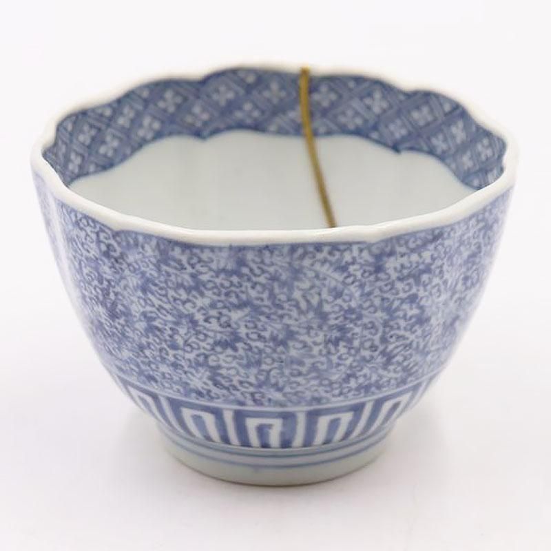 古伊万里　藍九谷　染付　向付　酒器　江戸時代　骨董　金直し　金継ぎ　アンティーク 古伊万里 花唐草 向付 江戸時代 染付 牡丹 骨董 金直し 金継ぎ