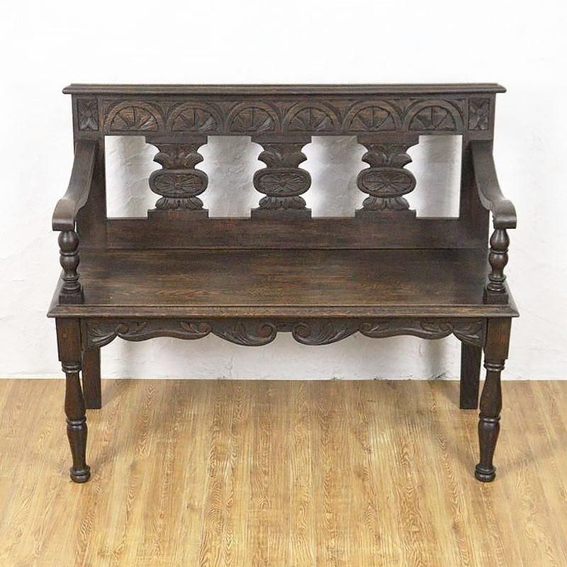 木製ベンチ オーク材 彫刻入り 1940-60年代 2人掛け程度