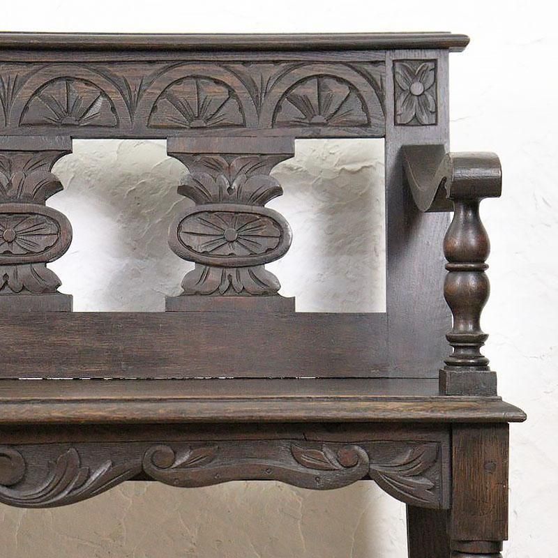 木製ベンチ オーク材 彫刻入り 1940-60年代 2人掛け程度