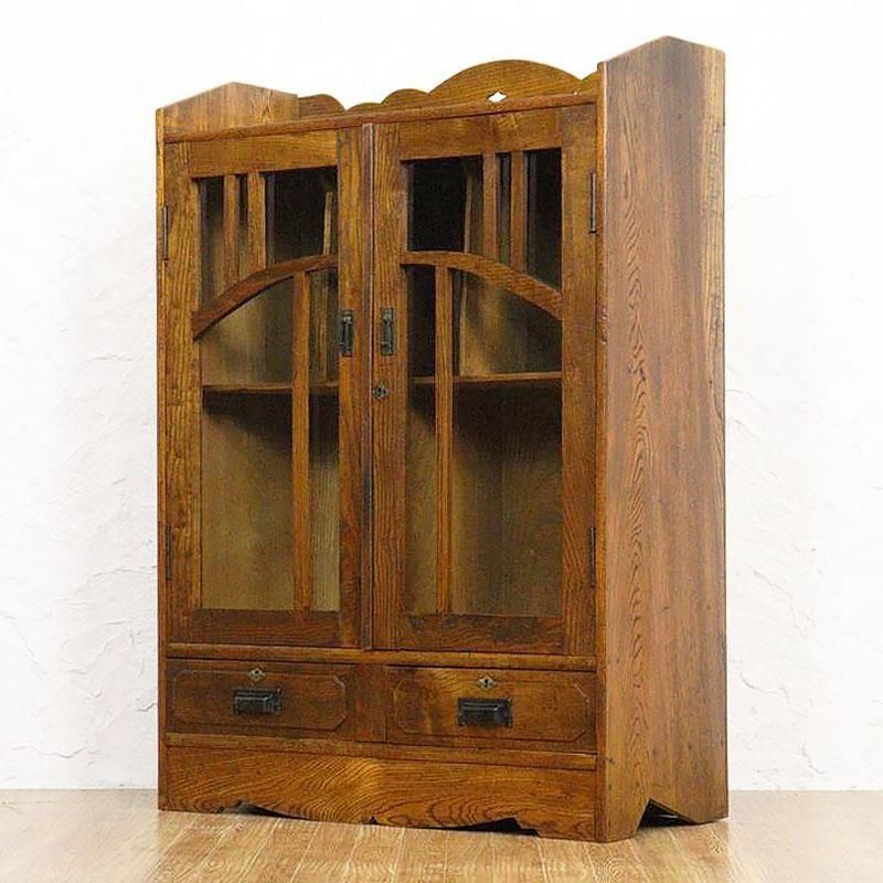 書棚 本棚 昭和初期 ガラス扉 引出し付き 小ぶり 木の杢目