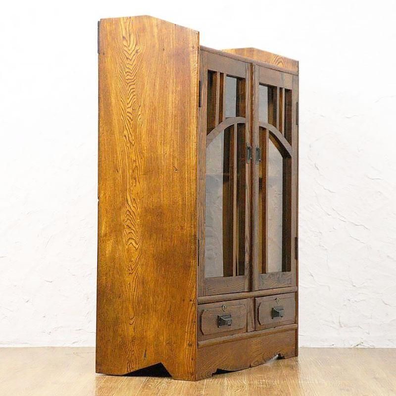 書棚 本棚 昭和初期 ガラス扉 引出し付き 小ぶり 木の杢目