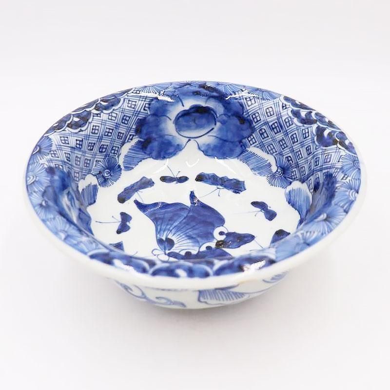 染付　ベロ藍　骨董　鉢　煮物等　お洒落 金継ぎ】手描き 染付 中鉢 鉄鉢型 藍色 呉須 アンティーク 骨董