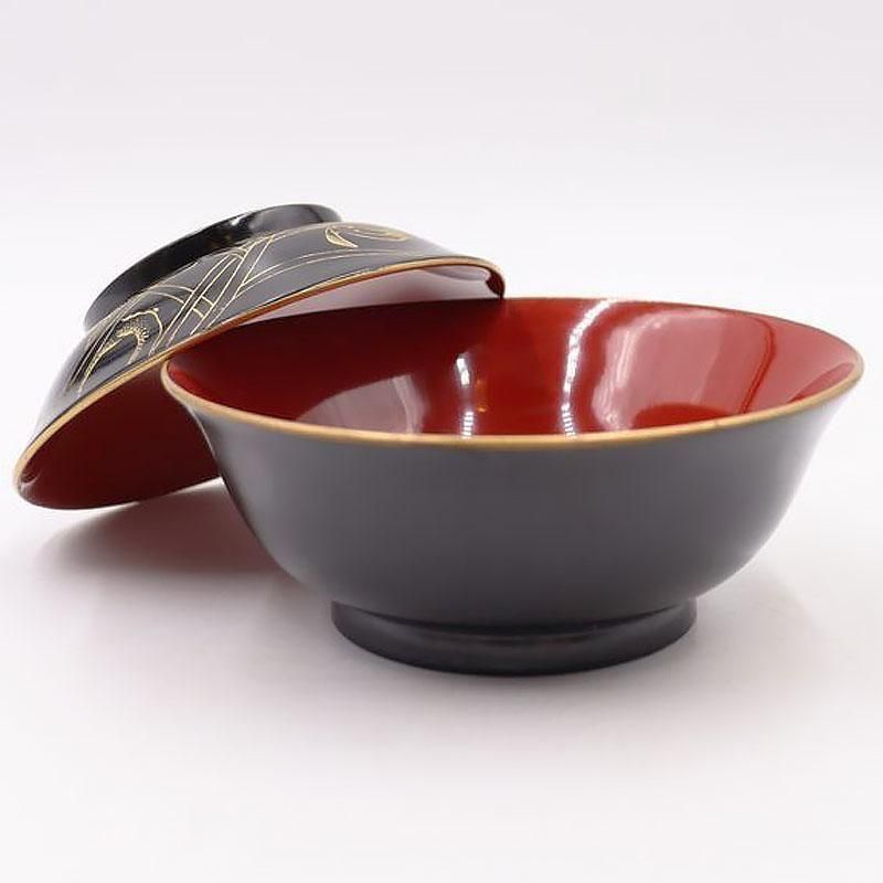 鳥と草花　蒔絵入り 蓋椀 蓋付き椀　アンティーク 骨董 漆器の器 木製 沈金 外黒内朱色 蓋椀 吸物椀 アンティーク 骨董 和食 漆器の器