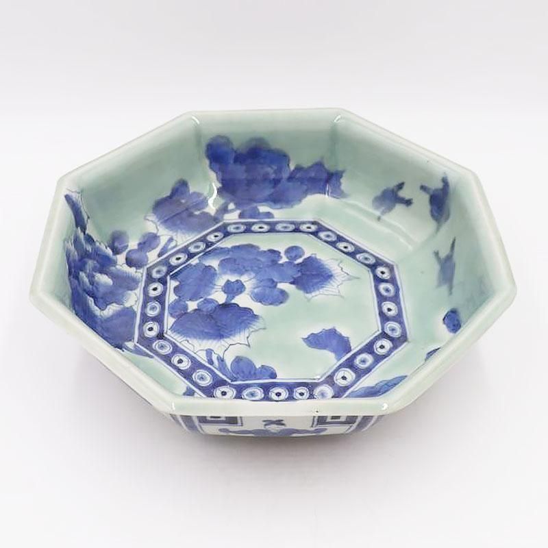 道八 染付 皿 骨董 アンティーク 5枚 伊万里 染付 線描き 雪輪窓絵に風景画 隅切りイゲ型 角皿 - 生活