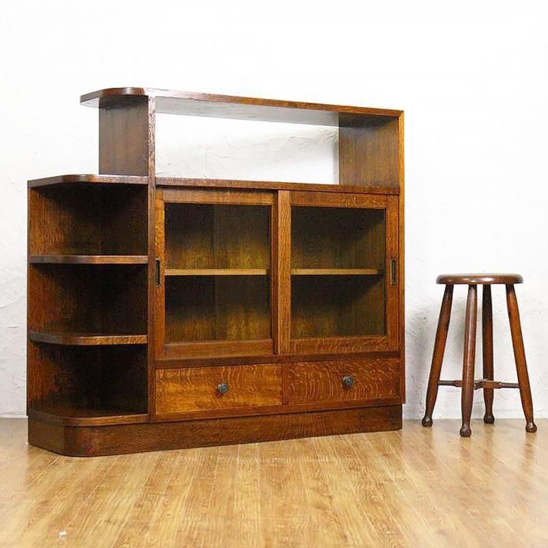 希少デザイン 棚付き 引戸本箱 ガラス戸 書棚 レトロモダン 昭和