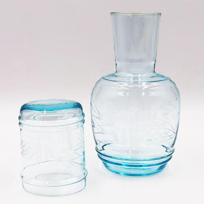 水差し・コップセット カラフェ 水色 切子 薄水色 アンティーク 昭和