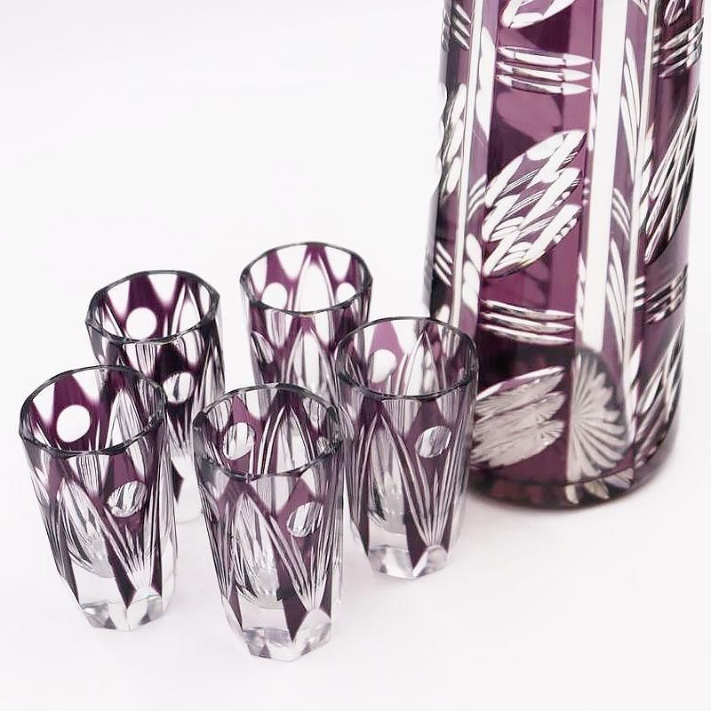 切子リキュールグラス 大正ロマンの紫色幾何学模様アンティーク