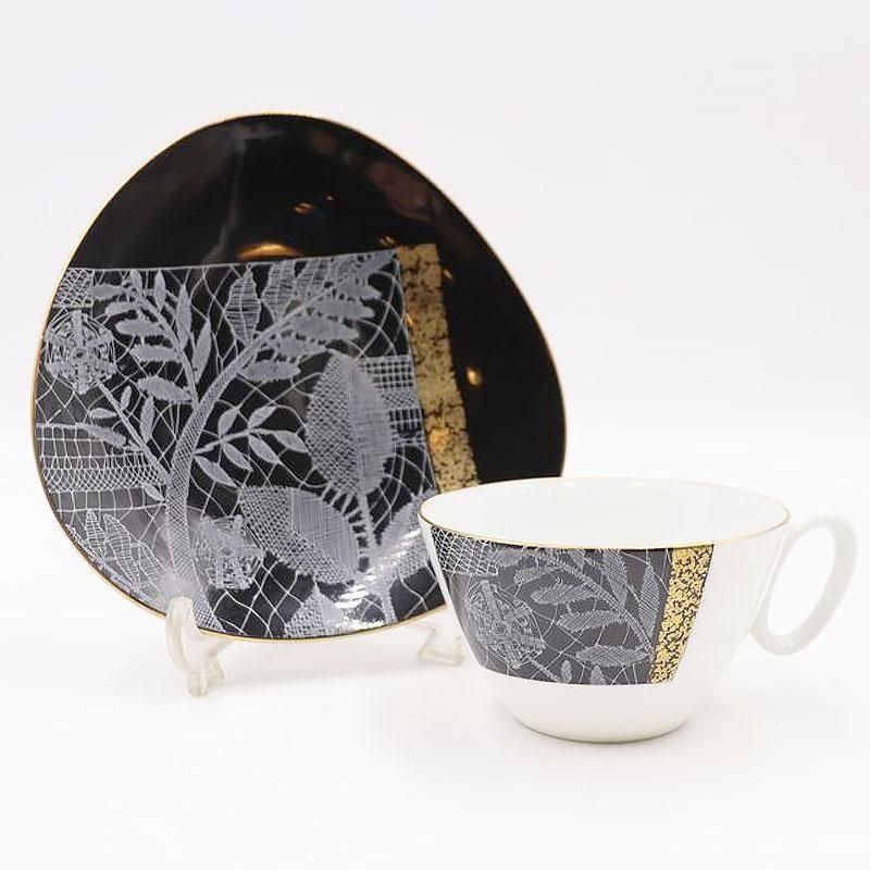 黒白レース植物金彩カップ&ソーサー 直径9.5×H5.5cm