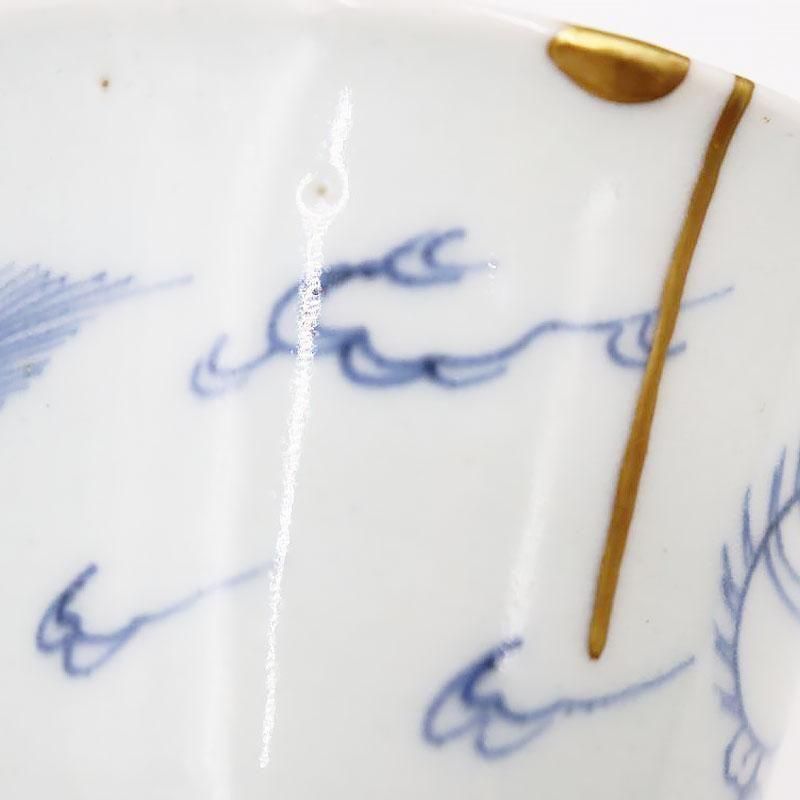 蕎麦猪口 明治大正の手描き染付 金継ぎの骨董