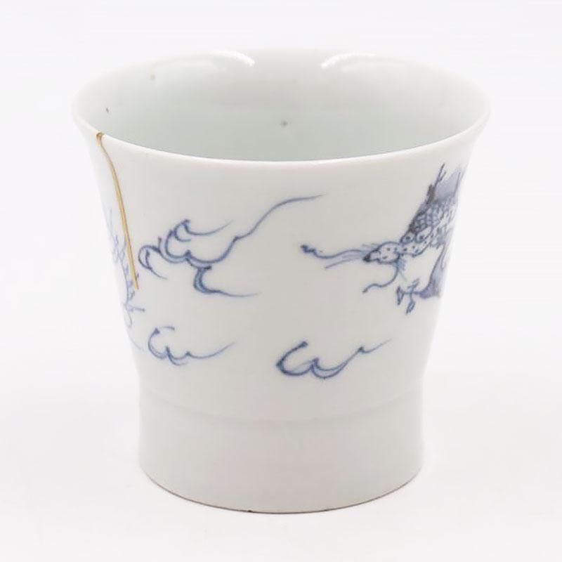 蕎麦猪口 明治大正の金継ぎ手描き染付アンティーク