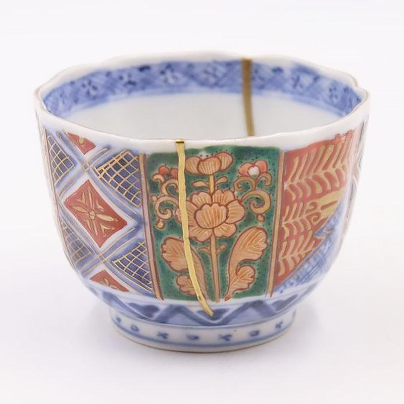 金継ぎ】手描き 色絵 伊万里 湯呑み 小鉢 アンティーク 骨董 和