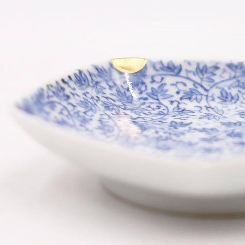 金継ぎ】手描き 染付 豆皿 五角形 変形 呉須 藍 和骨董