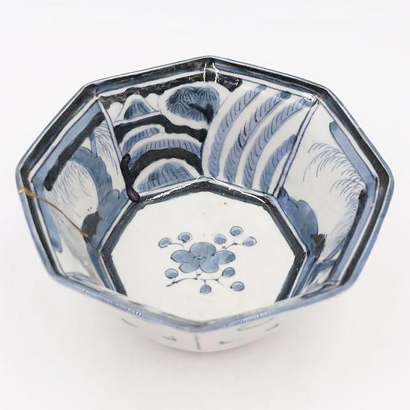 金継ぎ】手描き 染付 八角 中鉢 呉須 藍 紺 盛り鉢 飾り鉢