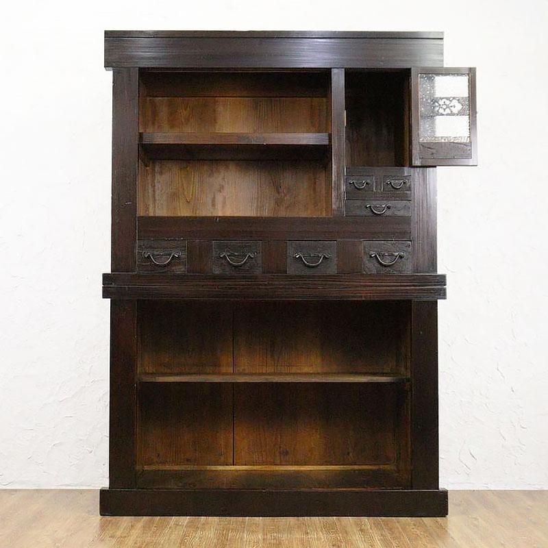 収納棚　食器棚　棚　水屋　木製　古道具　古家具　ビンテージ　アンティーク 四尺膳棚 水屋箪笥 食器棚 キャビネット 二段重ね 重厚感 時代