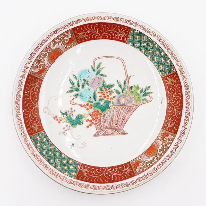 手描き 色絵 中皿 大皿 飾り皿 かわいい おしゃれ 大正 骨董