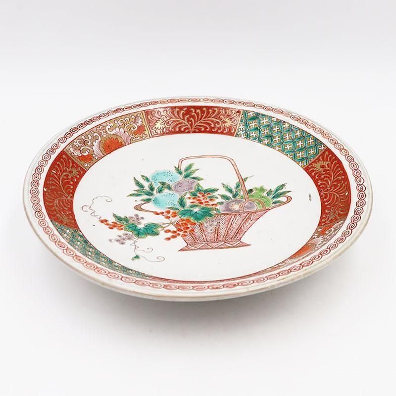 手描き 色絵 中皿 大皿 飾り皿 かわいい おしゃれ 大正 骨董