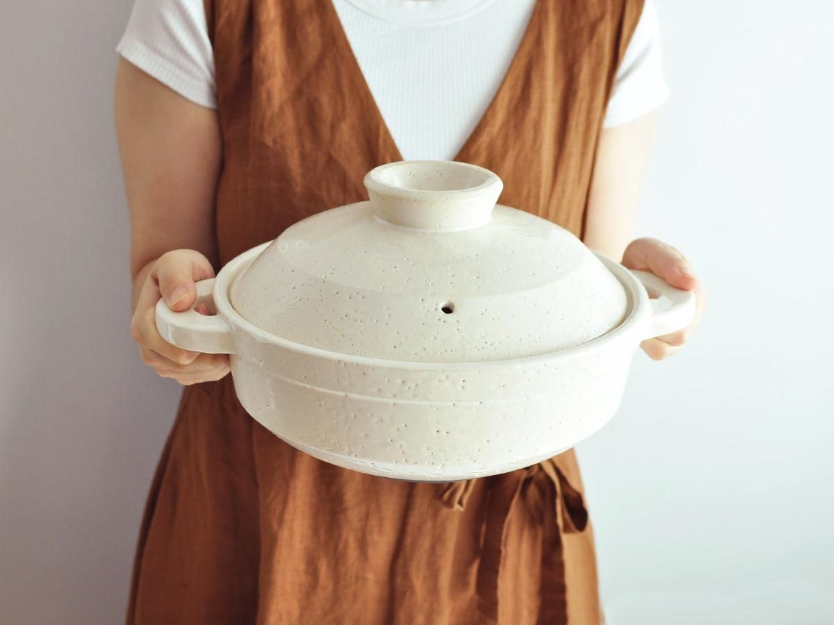 IH・直火対応ヘルシー蒸し鍋「優」 中 2000ml(2〜4人用) 白釉 | 伊賀焼 