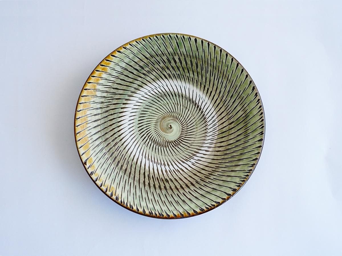 小鹿田焼 坂本浩二窯 飛び鉋に三彩 30センチ大皿