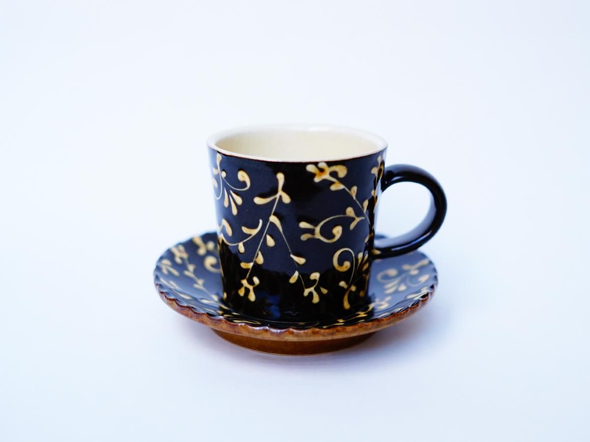 コーヒーカップ＆ソーサー 唐草 黒 久保田 健司｜うつわと灯り