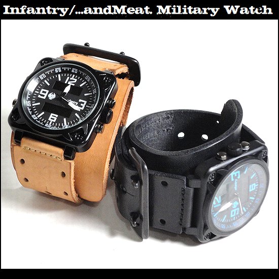 Infantry Andmeat 本革 腕時計 ミリタリー アーミーウォッチリストバンド ブラック レザーのウォレットやブレスレット ハンドメイド皮革製品 アンドミート