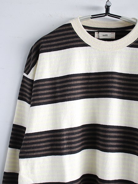 unfil cotton & silk striped long sleeve Tee / ecru × black