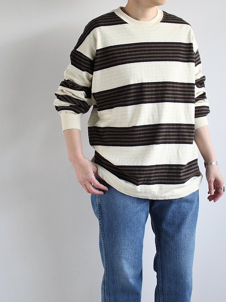 unfil cotton & silk striped long sleeve Tee / ecru × black