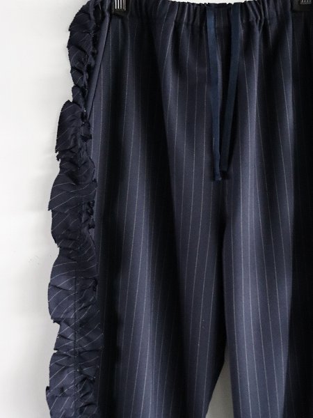 RHODOLIRION (ロドリリオン) Frill Side Stripe Pant - Pinstripe Gabardine / Navy