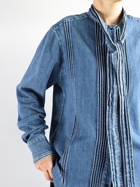 RHODOLIRION (ɥꥪ)Ribbon Tie Blouse - Denim