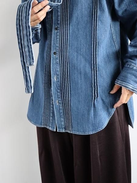 RHODOLIRION (ɥꥪ)Ribbon Tie Blouse - Denim