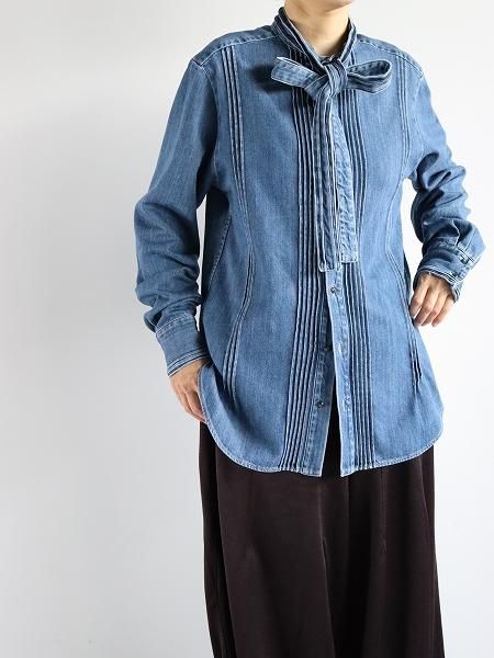 RHODOLIRION (ɥꥪ)Ribbon Tie Blouse - Denim