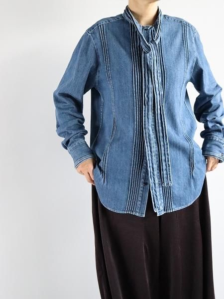 RHODOLIRION (ɥꥪ)Ribbon Tie Blouse - Denim