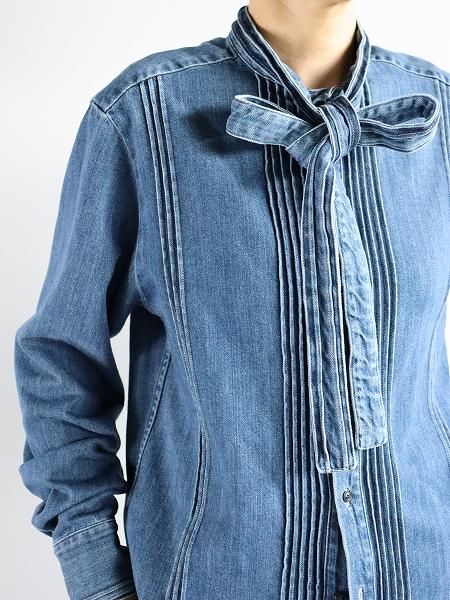 RHODOLIRION (ɥꥪ)Ribbon Tie Blouse - Denim
