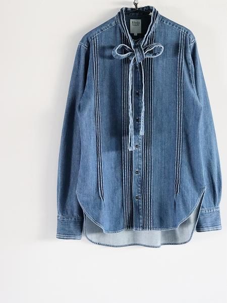 RHODOLIRION (ɥꥪ)Ribbon Tie Blouse - Denim