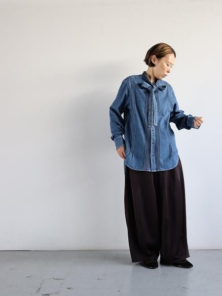 RHODOLIRION (ɥꥪ)Ribbon Tie Blouse - Denim