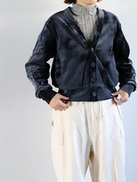 unfiltie-dyed cotton velour V-neck cardigan / black  gray