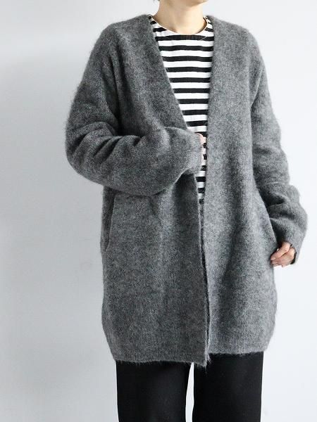 unfil (アンフィル) stretch superkid mohair cardigan / gray