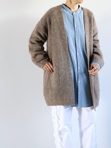 unfil (アンフィル) stretch superkid mohair cardigan / taupe