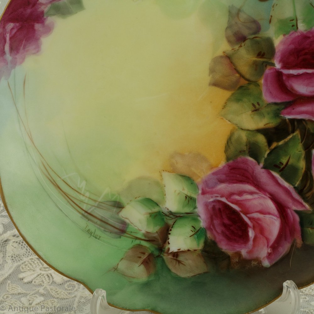 リモージュ　フランス　ハンドペイント　気品あふれる薔薇の絵皿　サイン入り - アンティーク　パストラーレ