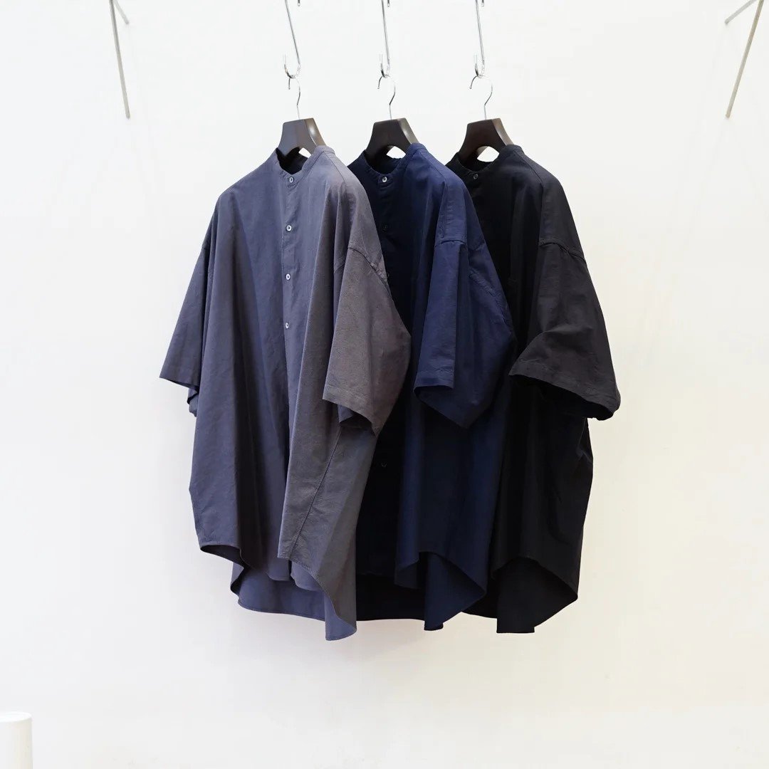 Graphpaper (եڡѡ)Oxford S/S Oversized Band Collar Shirt (GM242-50022B) /Gray/Navy/Black