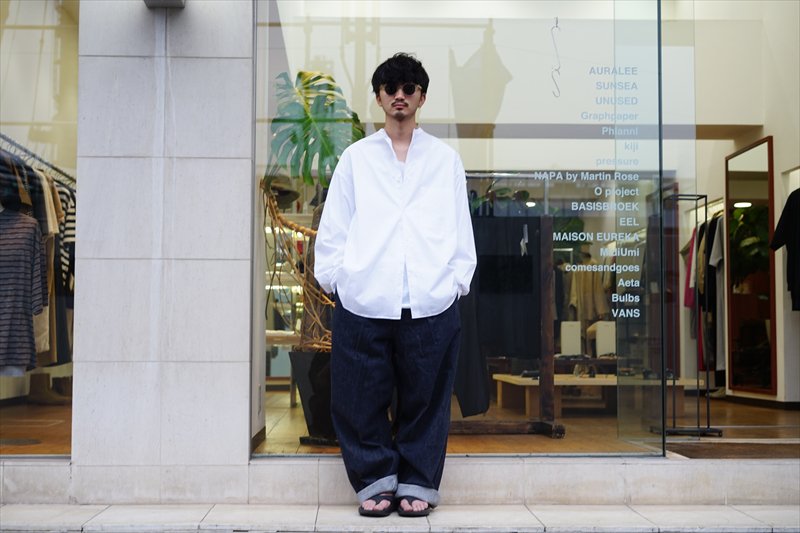 UNISEX S/M BROAD OVERSIZED L/S BAND COLLAR SHIRT - シャツ