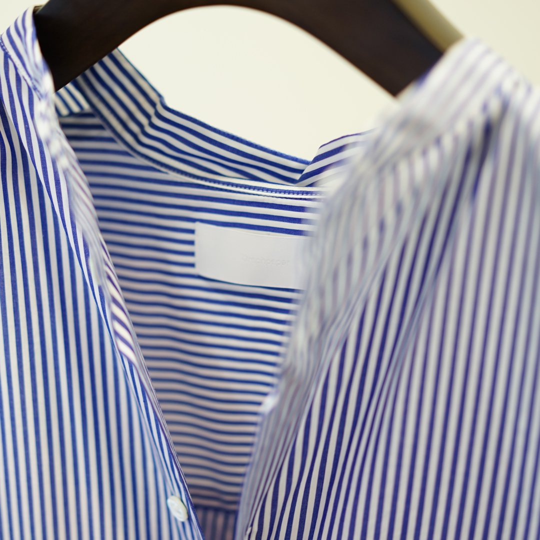 Graphpaper for women's(グラフペーパー)Broad Stripe Band Collar Oversized Shirt  Dress (GL231-60221B)/Blue Stripe