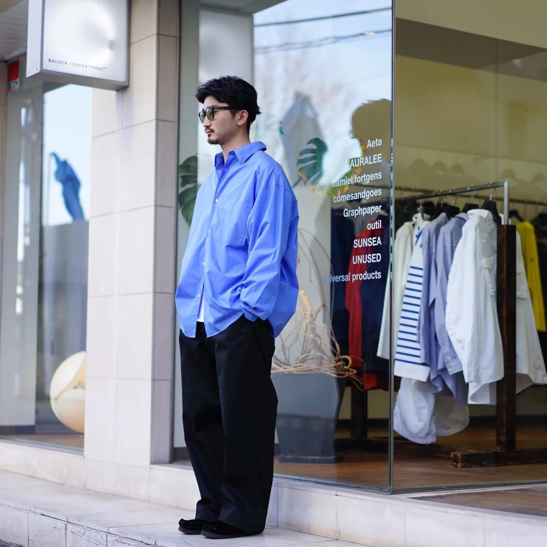 Graphpaper(グラフペーパー)Broad L/S Oversized Regular Collar Shirt  (GM241-50001B)/Blue/C.Gray/Black