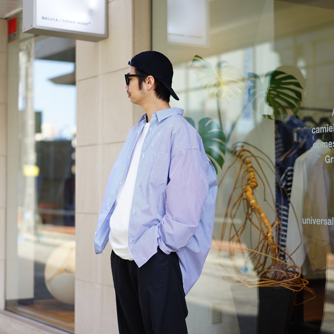 Graphpaper(グラフペーパー)Broad L/S Oversized Regular Collar Shirt (GM241-50001STB)/Blue  Stripe