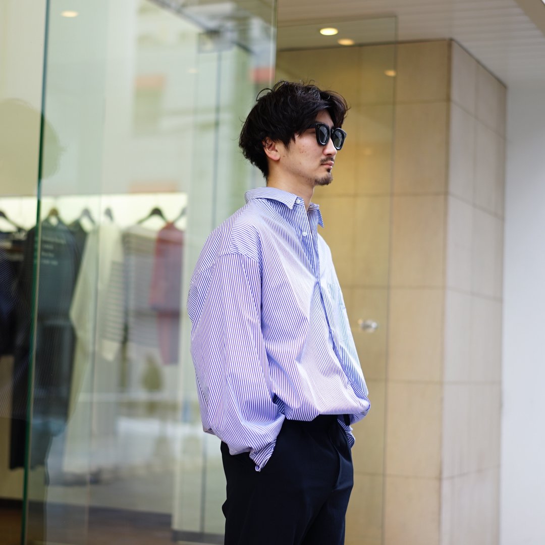 Graphpaper(グラフペーパー)Broad L/S Oversized Regular Collar Shirt (GM241-50001STB)/Blue  Stripe