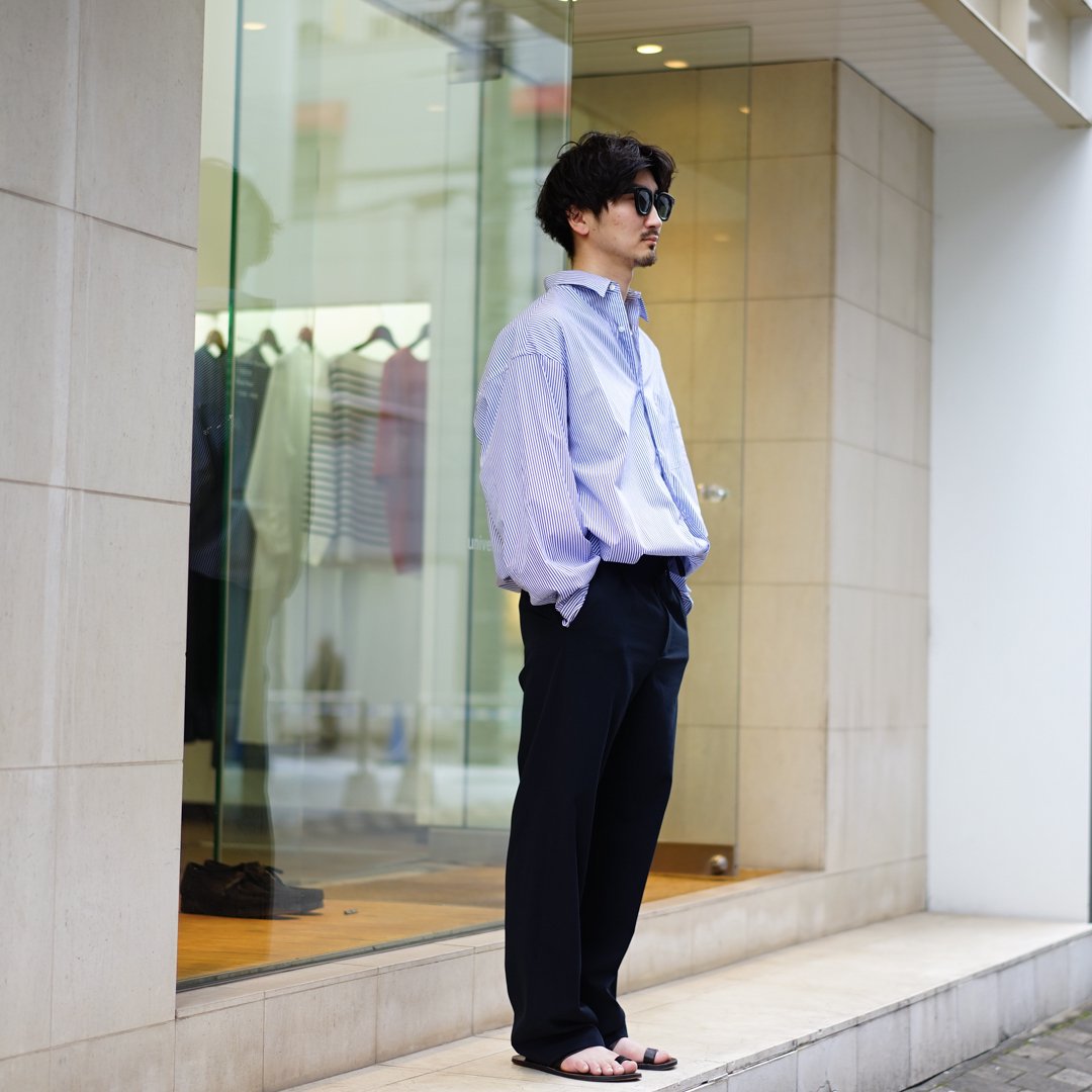 Graphpaper(グラフペーパー)Broad L/S Oversized Regular Collar Shirt (GM241-50001STB)/Blue  Stripe