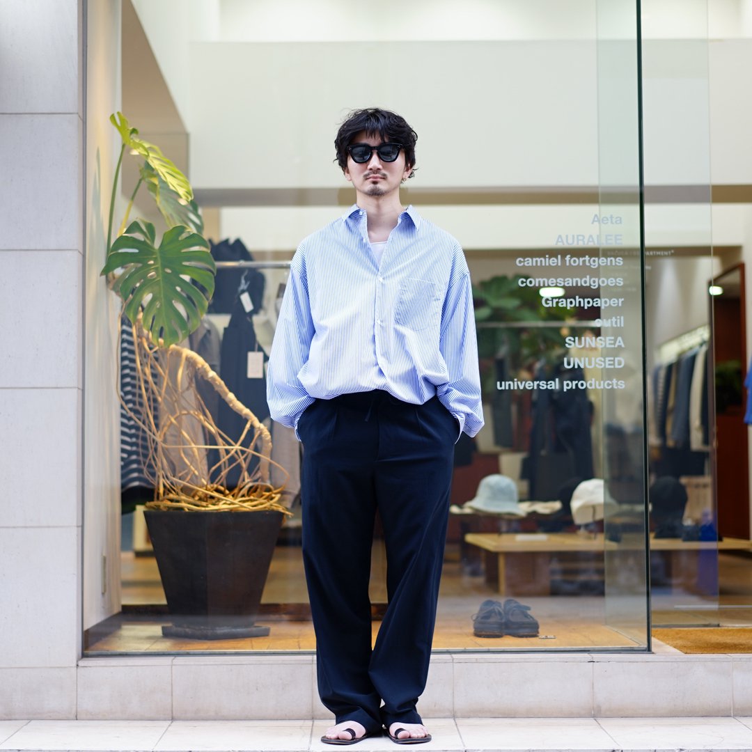 Graphpaper(グラフペーパー)Broad L/S Oversized Regular Collar Shirt (GM241-50001STB)/Blue  Stripe