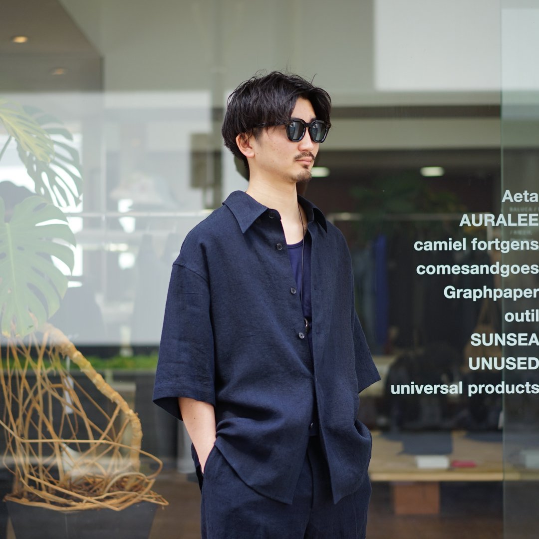 AURALEE (オーラリー)Linen Silk Tweed Half Sleeve Shirt(A24SS01LS)/Dark Navy