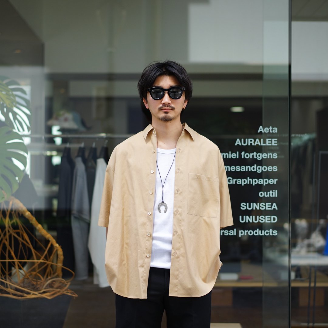 AURALEE (オーラリー)Washed Finx Twill Big Half Sleeved Shirt(A24SS03TN) Light  Yellow//Sax Blue/Light Brown/