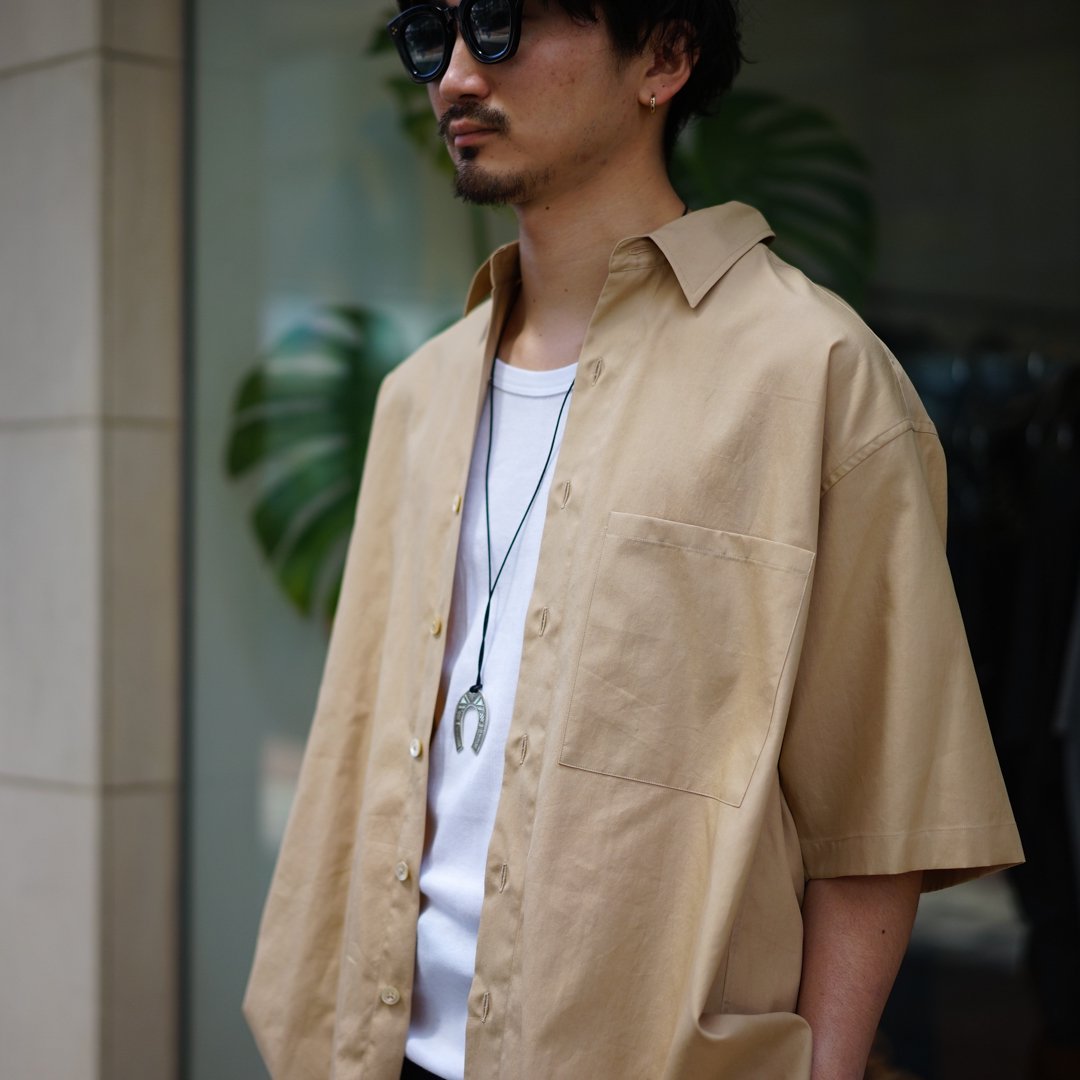 AURALEE (オーラリー)Washed Finx Twill Big Half Sleeved Shirt(A24SS03TN) Light  Yellow//Sax Blue/Light Brown/