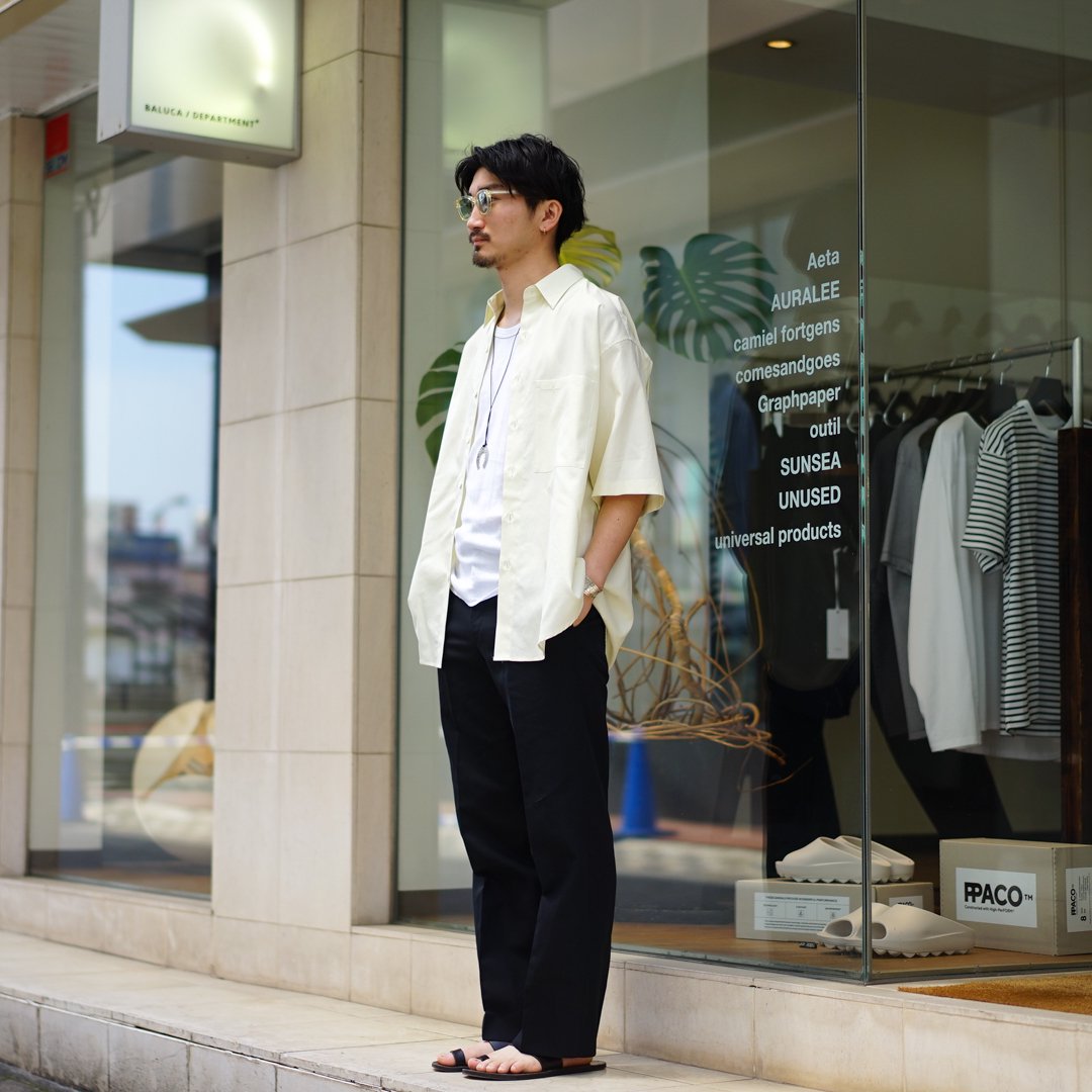 AURALEE (オーラリー)Washed Finx Twill Big Half Sleeved Shirt(A24SS03TN) Light  Yellow//Sax Blue/Light Brown/